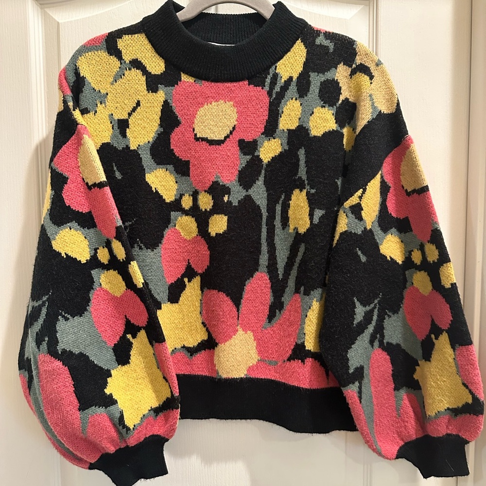 CROSBY by Mollie Burch Floral Crew Neck Sweater - Black, Yellow, Pink